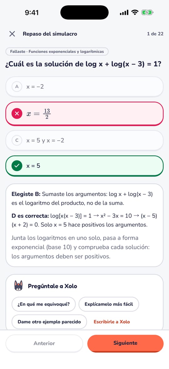 Pantalla del repaso de un simulacro en la app de Quedé: una pregunta de logaritmos con la opción elegida en rojo, la correcta en verde, la explicación del error y las preguntas para Xolo.